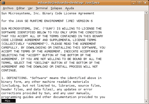 Primera pantalla de la licencia de Java (en inglés)