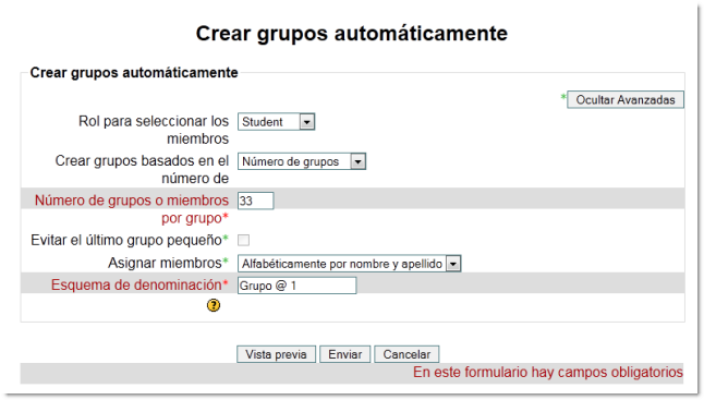 Grupos automáticos. Opciones avanzadas