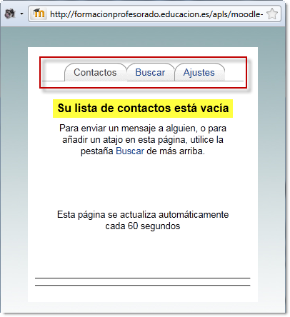 Mensajería. Ventana emergente que se abre al acceder