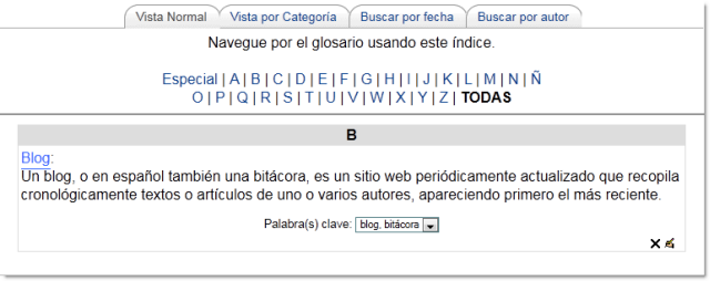 Vista principal de un glosario