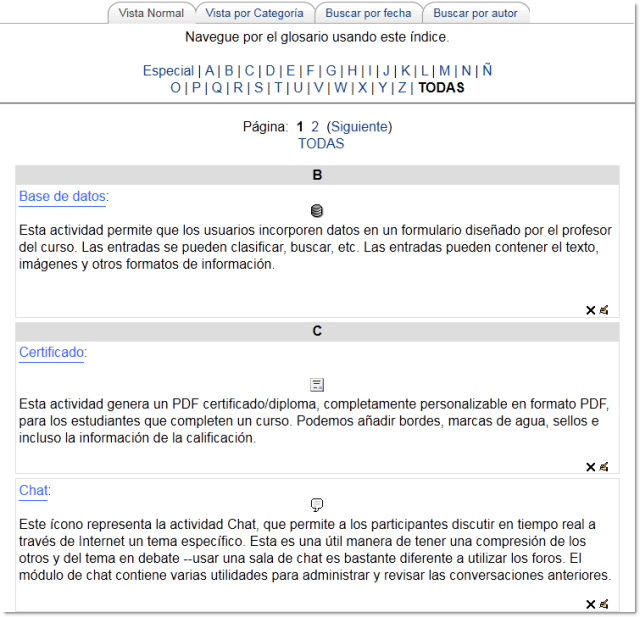Entradas glosario. Vista normal