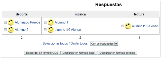 Vista de las respuestas de los alumnos y opciones