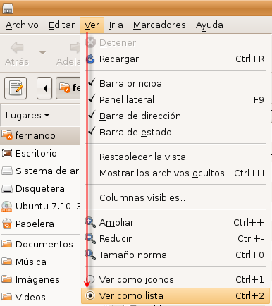 Ver > Como lista (Ubuntu)