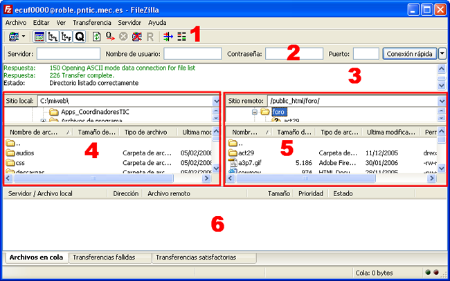 Ventana de Filezilla
