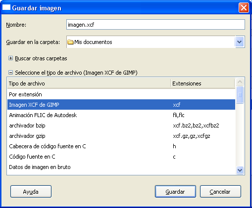 Seleccionar el tipo de archivo