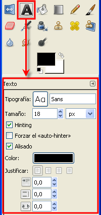 Opciones de Herramienta Texto