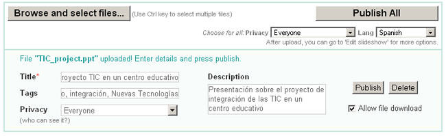 Introduce los datos de la presentación