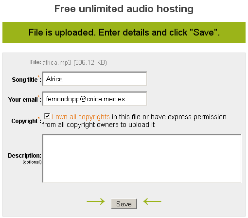 Introduce datos del audio subido